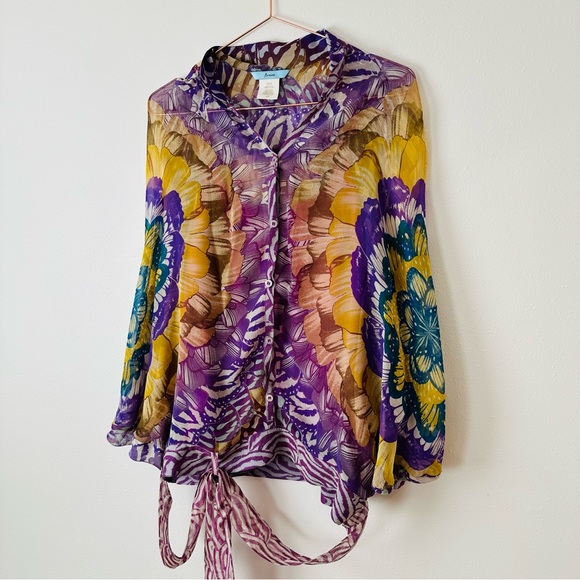 Marciano 100% silk long sleeve blouse abstract print boho top wrap tie waist - Picture 6 of 7